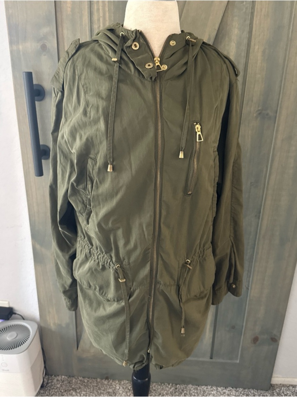 Zara Olive Green Hooded Utility Jacket with Gold Hardware